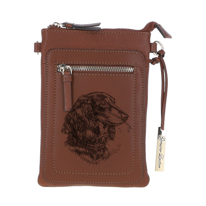 Personalised Long Haired Dachshund Face Engraved Leather Crossbody Smart Phone Bag