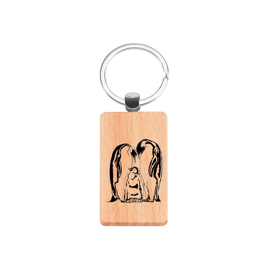 Penguin Family Engraved Rectangle Wooden Keyring