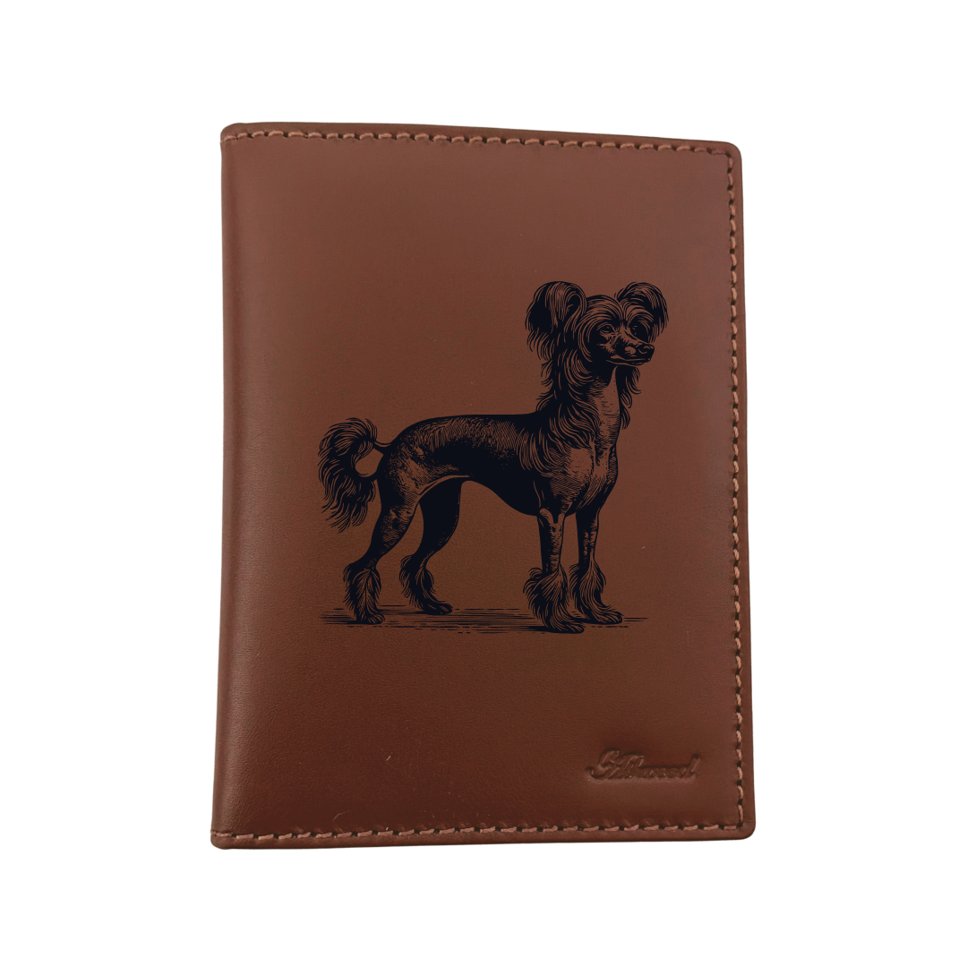 Chinese Crested Dog Standing Engraved Leather Passport Cover