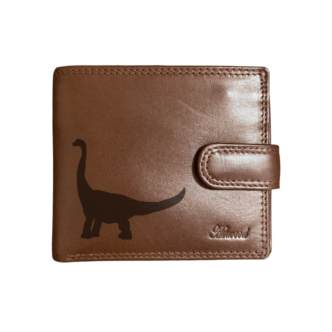 Personalised Brontosaurus Dinosaur Silhouette Engraved Dark Tan Genuine Leather Wallet
