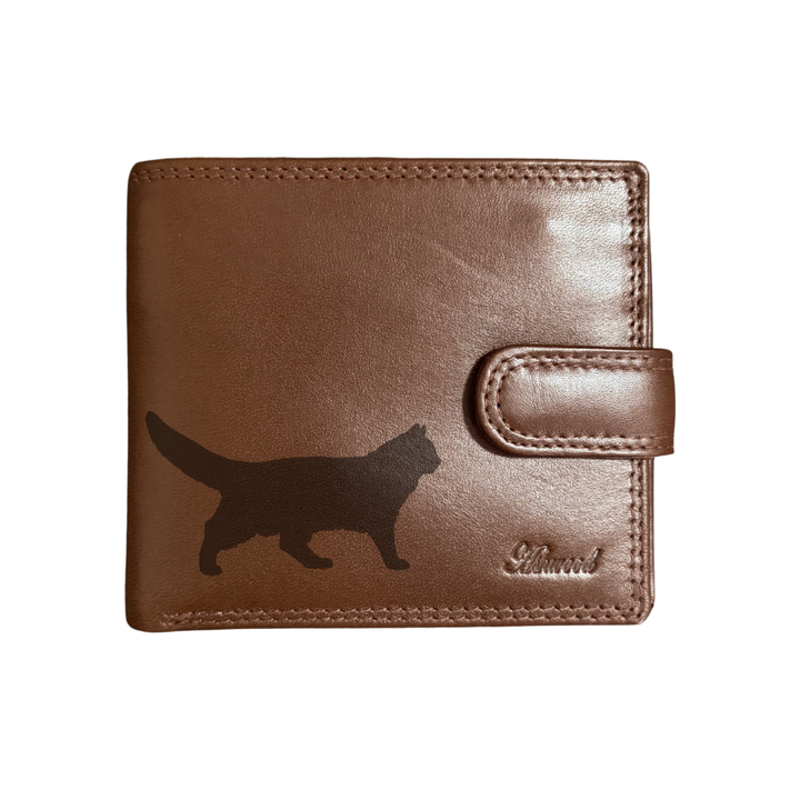 Personalised Norwegian Forest Cat Silhouette Engraved Dark Tan Genuine Leather Wallet