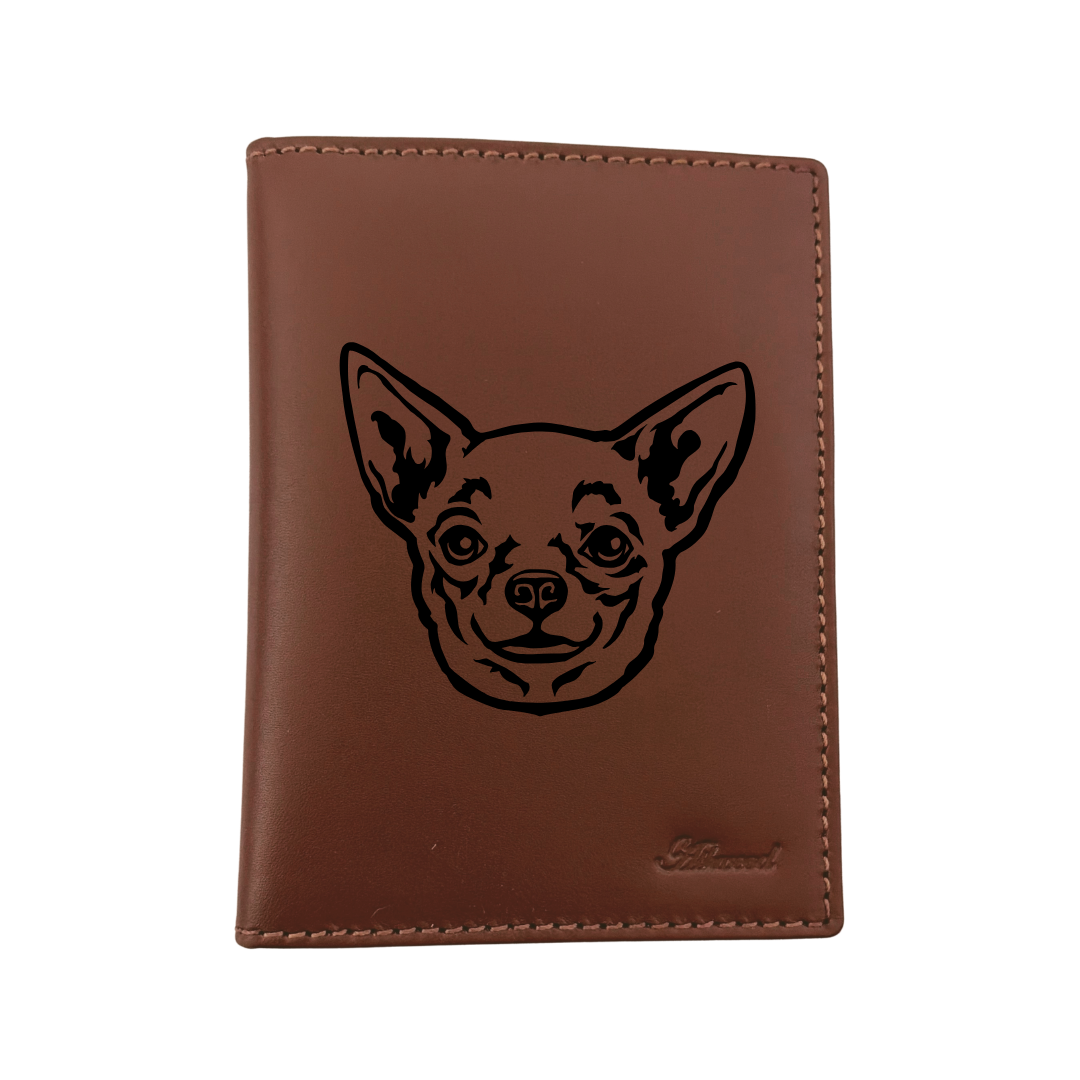 W Chihuahua Face Engraved Leather Passport Cover