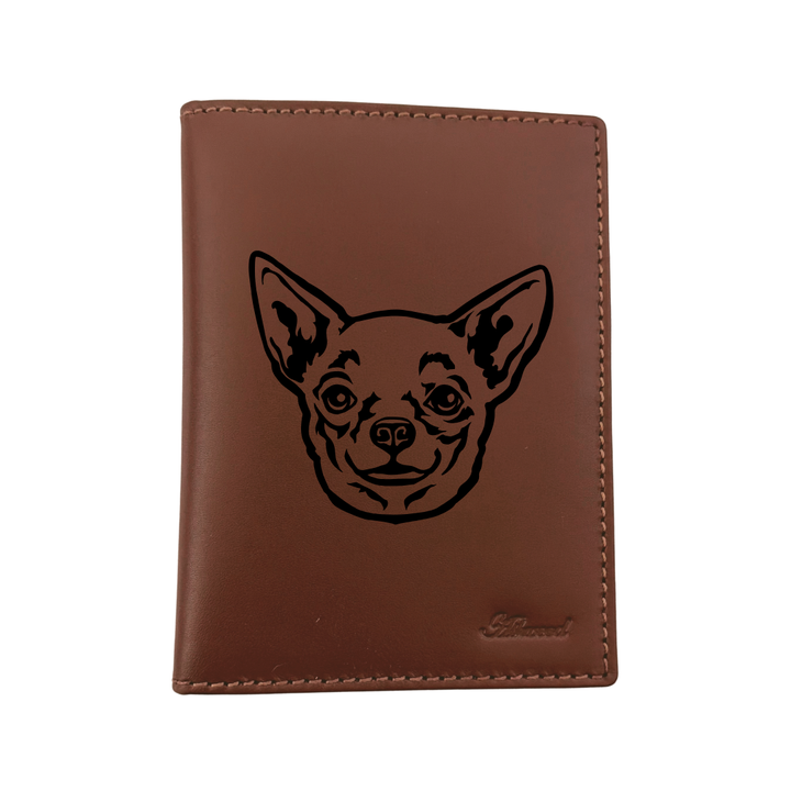 W Chihuahua Face Engraved Leather Passport Cover
