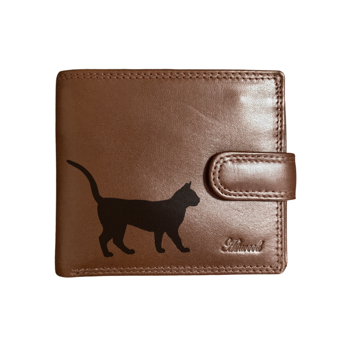 Personalised Bengal Cat Silhouette Engraved Dark Tan Genuine Leather Wallet