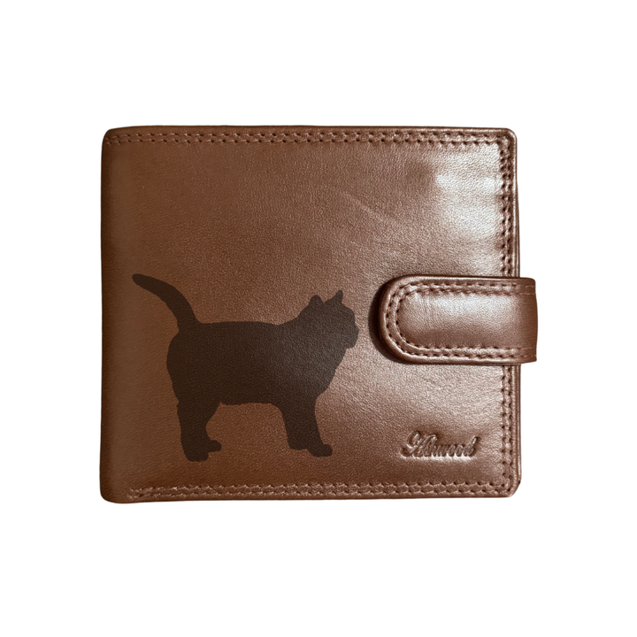 Personalised British Shorthair Cat Silhouette Engraved Dark Tan Genuine Leather Wallet