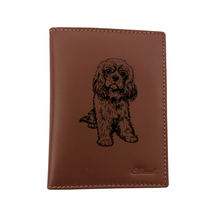 R Cavalier King Charles Spaniel Sitting Engraved Leather Passport Cover