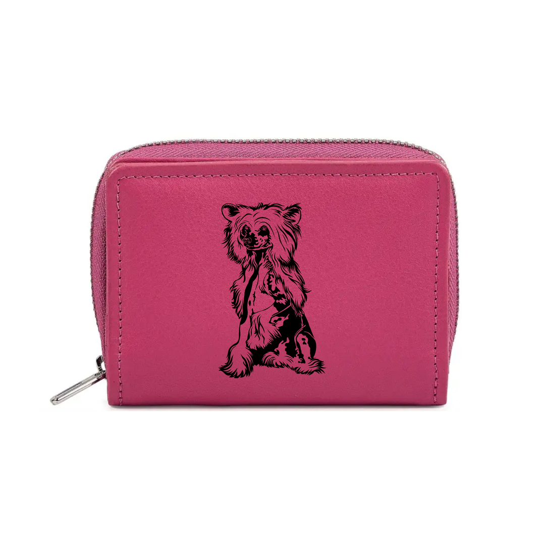 Chinese Crested Dog Engraved Small Leather Purse (Green/Pink/Blue/Red)