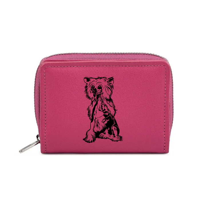 Chinese Crested Dog Engraved Small Leather Purse (Green/Pink/Blue/Red)