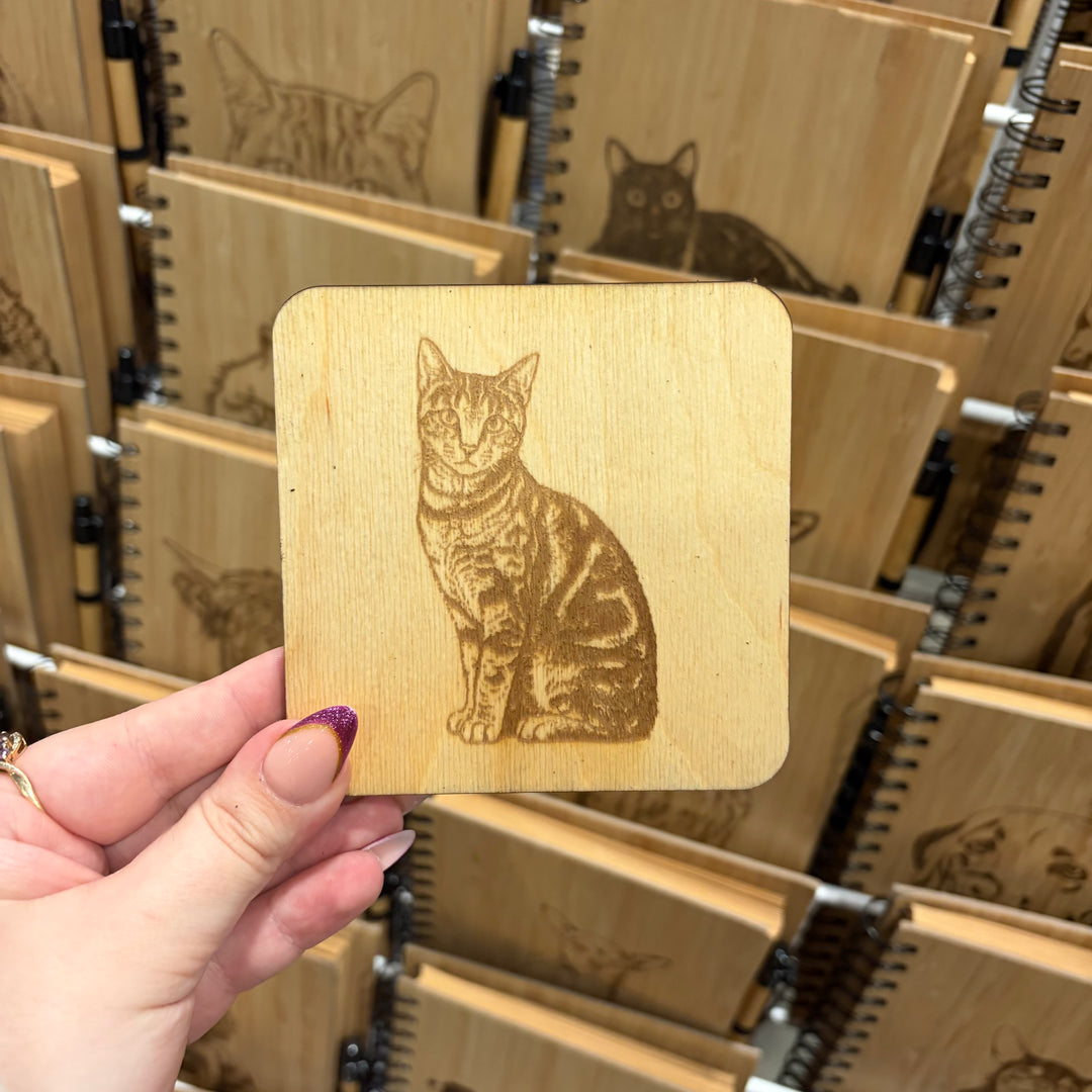 Sitting Tabby Cat Illustration Engraved Wooden Coaster