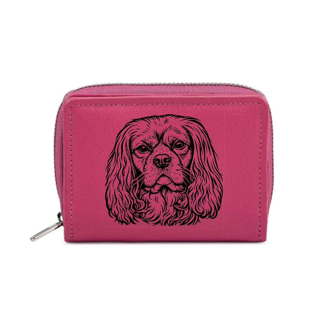 R Cavalier King Charles Spaniel Face Engraved Small Leather Purse (Green/Pink/Blue/Red)