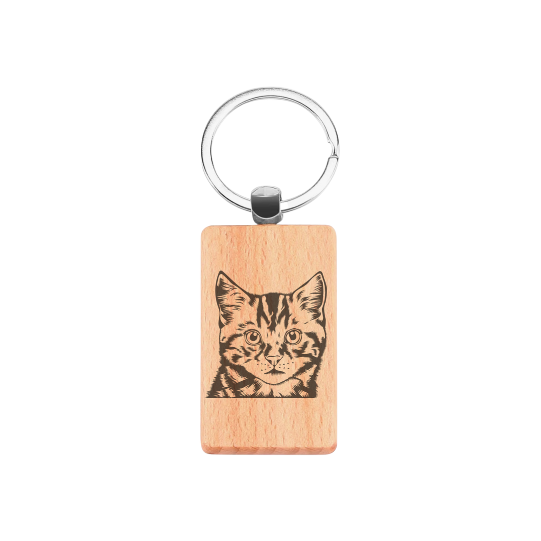 Tabby Cat Face Engraved Rectangle Wooden Keyring