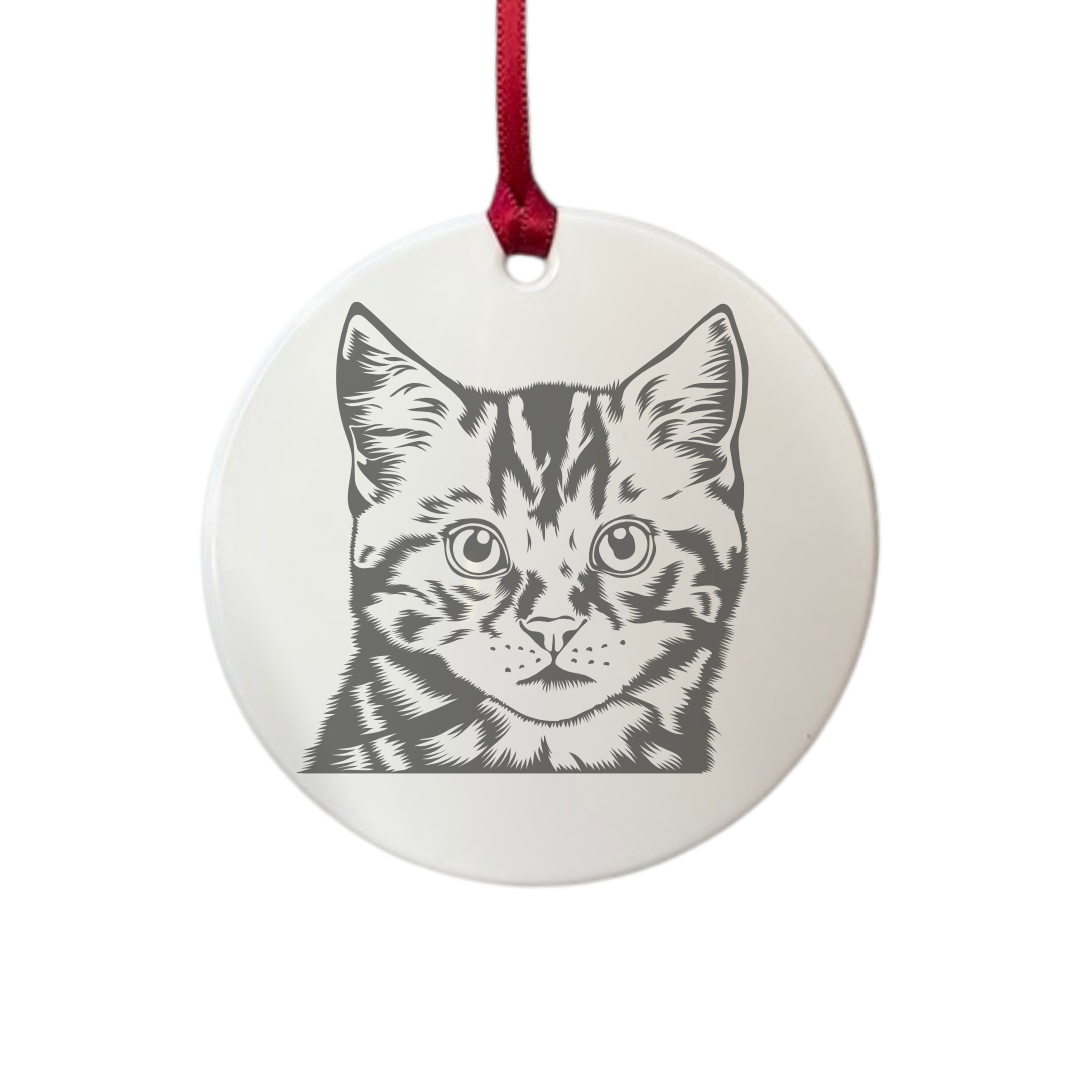 Personalised Tabby Cat Face Engraved White Acrylic Decoration