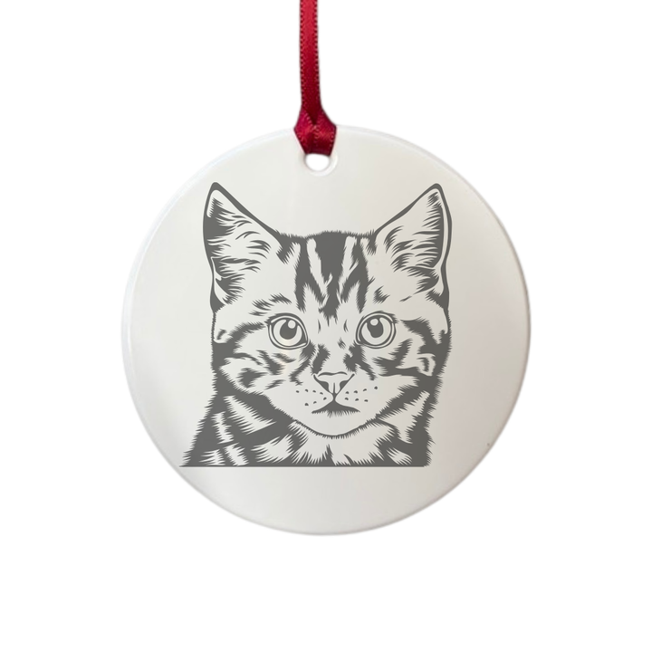 Personalised Tabby Cat Face Engraved White Acrylic Decoration