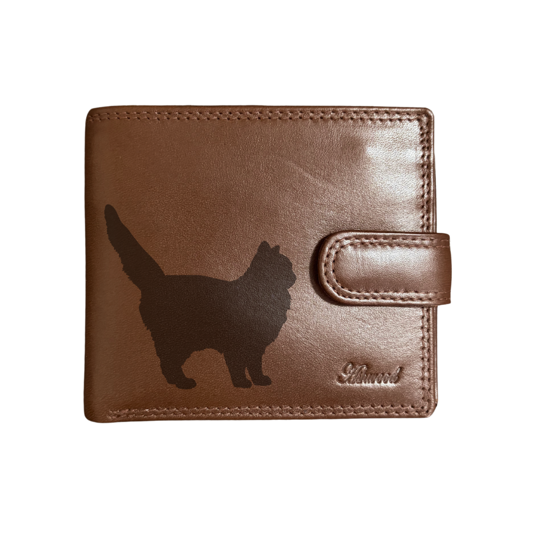 Personalised Siberian Cat Silhouette Engraved Dark Tan Genuine Leather Wallet