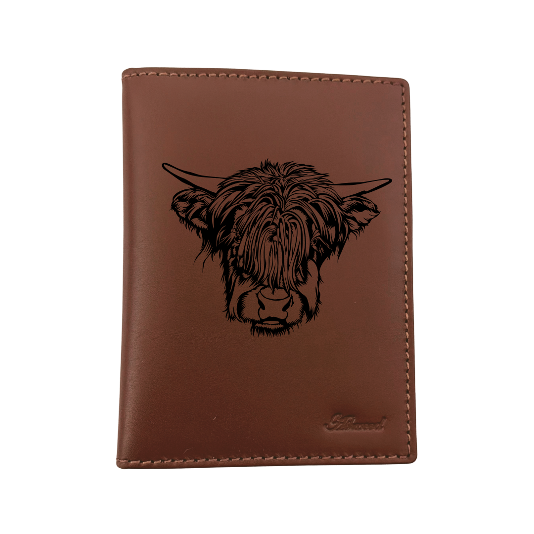 Highland Cow Face Engraved Leather Passport Cover