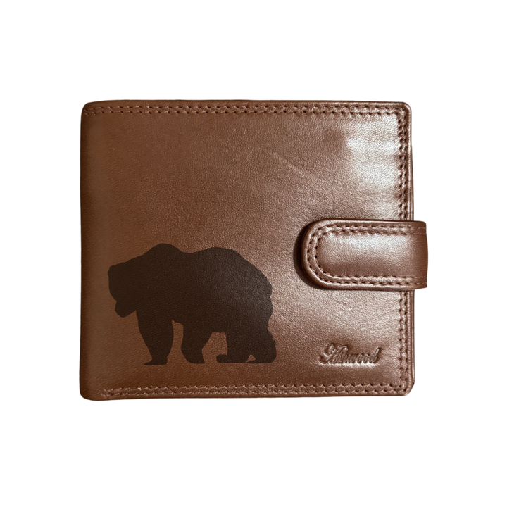 Personalised Bear Silhouette Engraved Dark Tan Genuine Leather Wallet