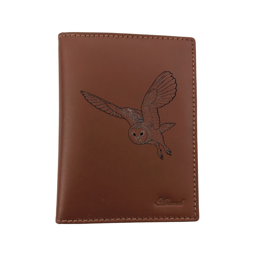 Flying Barn Owl Engraved Leather Passport Cover