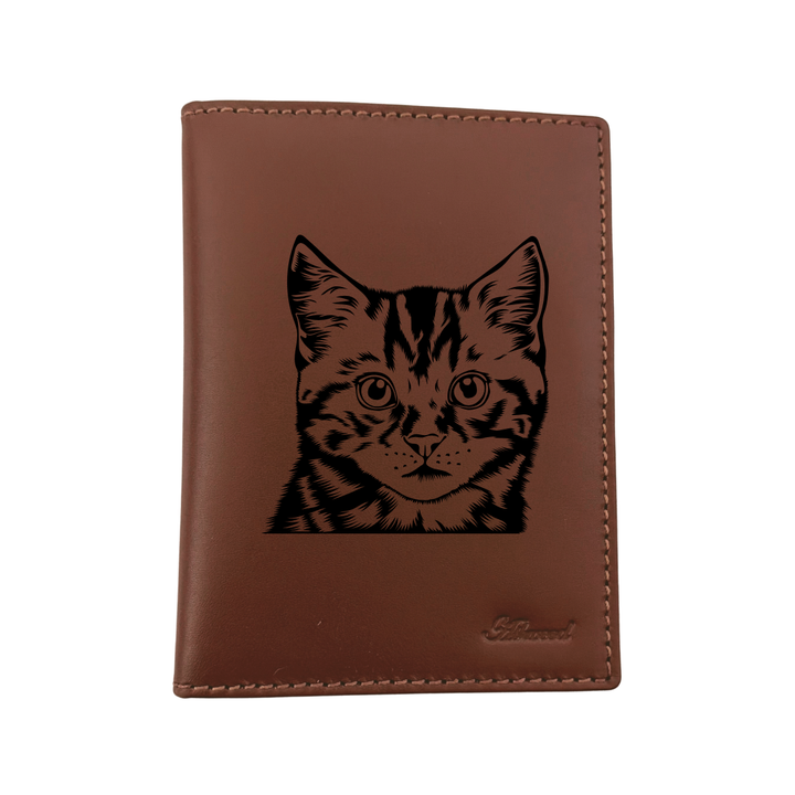 Tabby Cat Face Engraved Leather Passport Cover