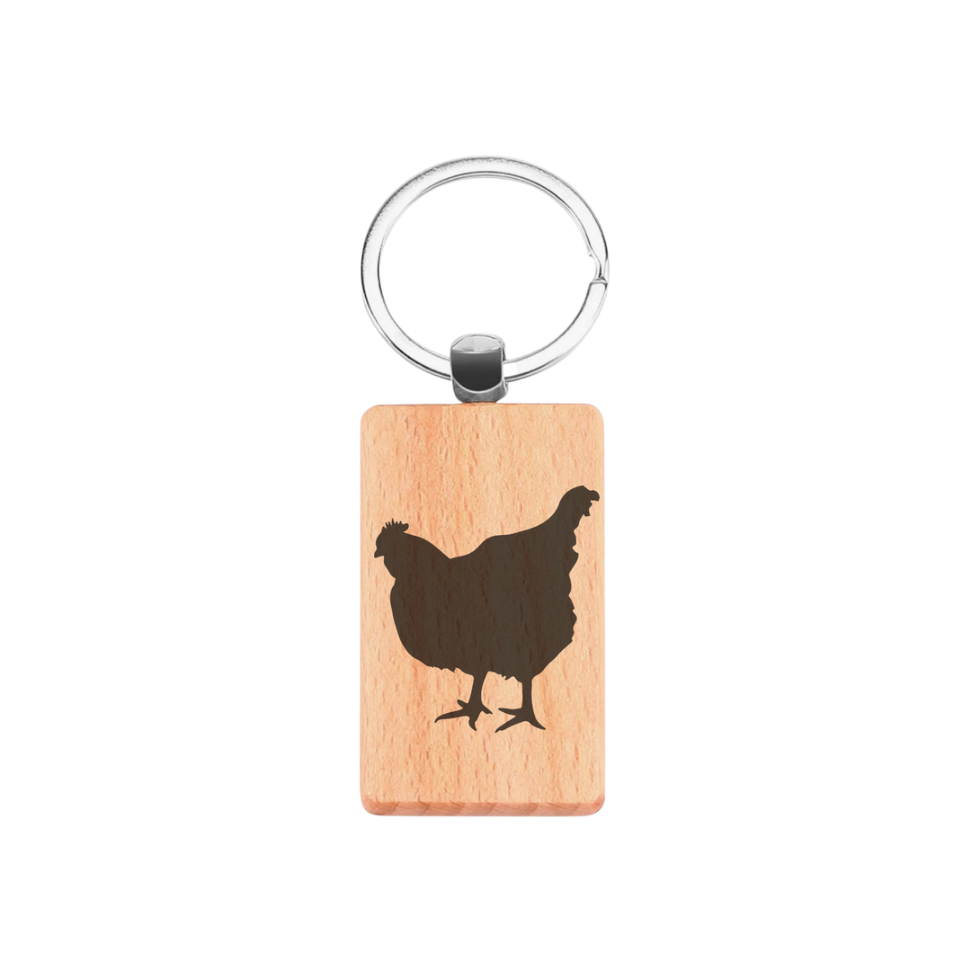 Chicken Silhouette P Engraved Rectangle Wooden Keyring