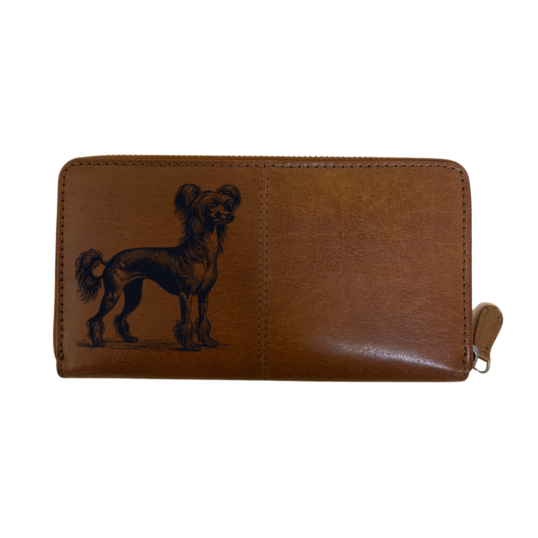 Chinese Crested Dog Standing Engraved Large Leather Purse