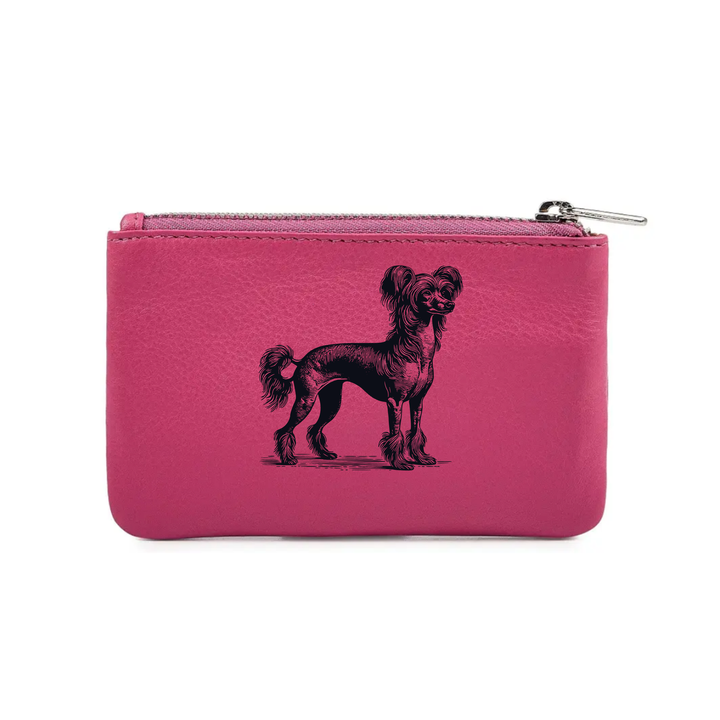 Chinese Crested Dog Standing Engraved Genuine Leather Coin Purse (Multiple Colour Options)