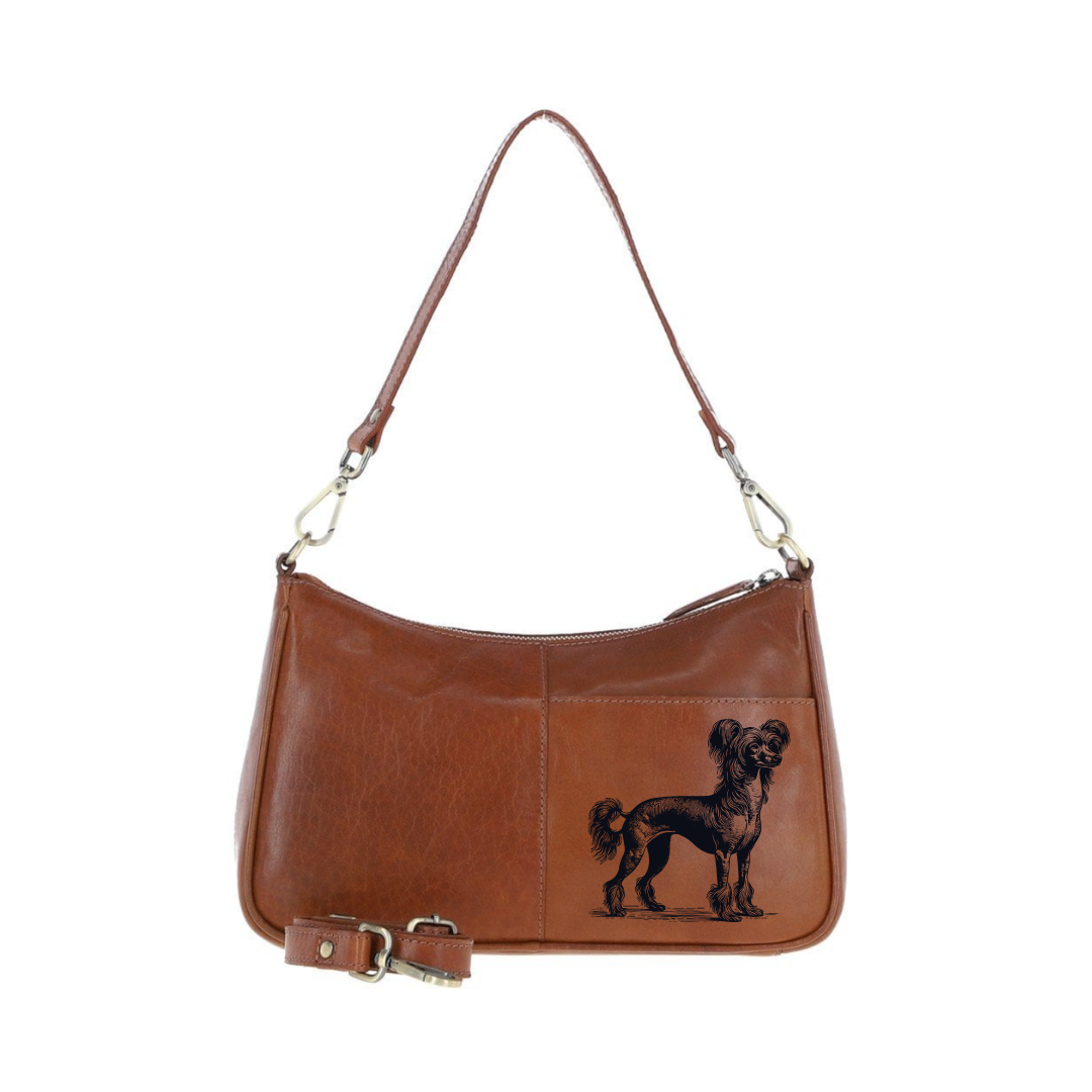 Chinese Crested Dog Standing Engraved Genuine Leather Shoulder Bag