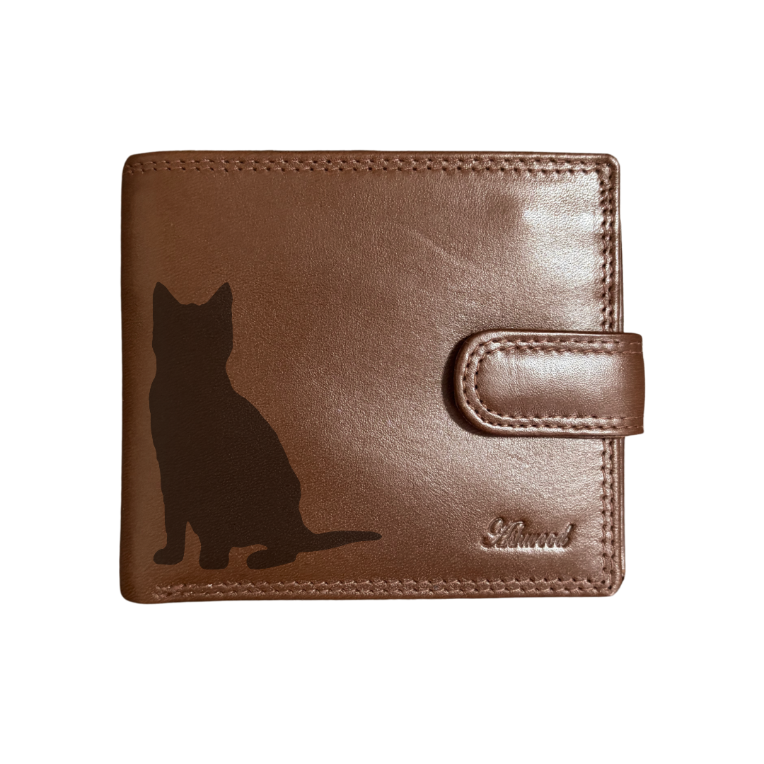 Personalised Cat Silhouette Engraved Dark Tan Genuine Leather Wallet