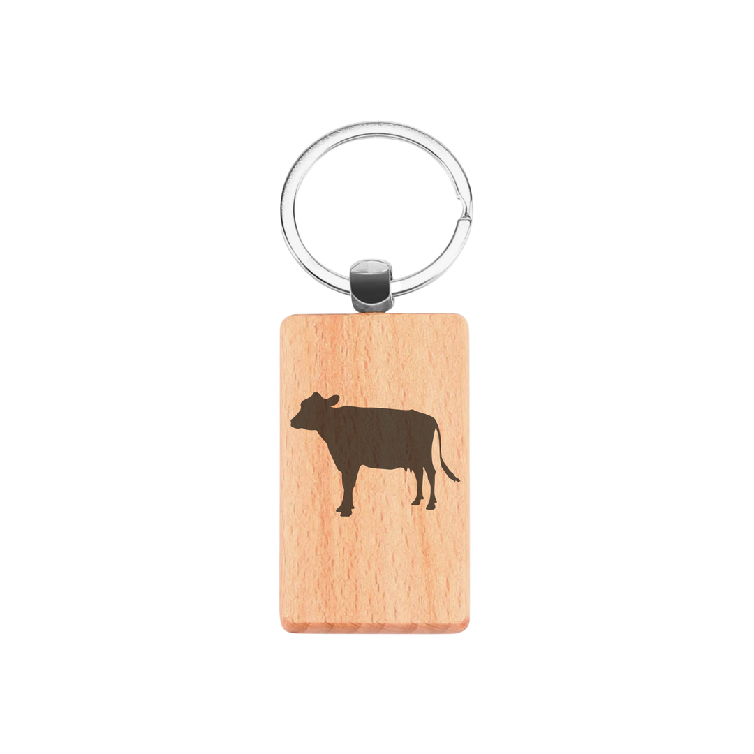 Cow Silhouette P Engraved Rectangle Wooden Keyring