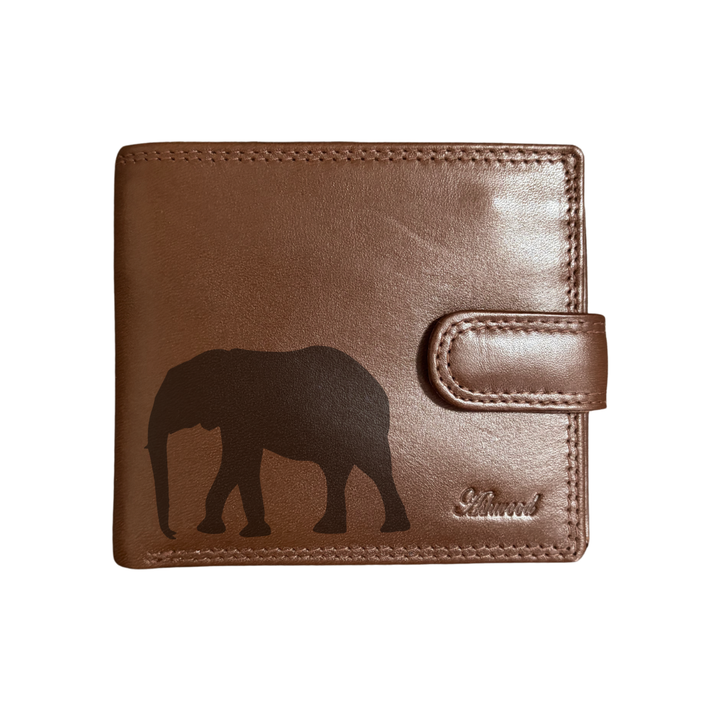 Personalised Elephant Silhouette Engraved Dark Tan Genuine Leather Wallet