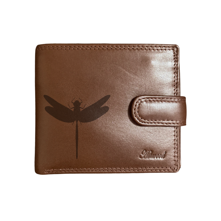 Personalised Dragonfly Silhouette Engraved Dark Tan Genuine Leather Wallet