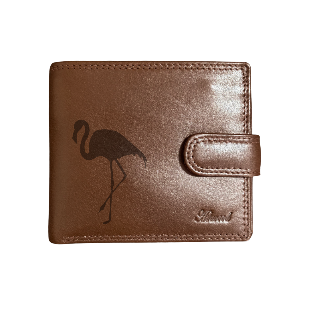 Personalised Flamingo Silhouette Engraved Dark Tan Genuine Leather Wallet