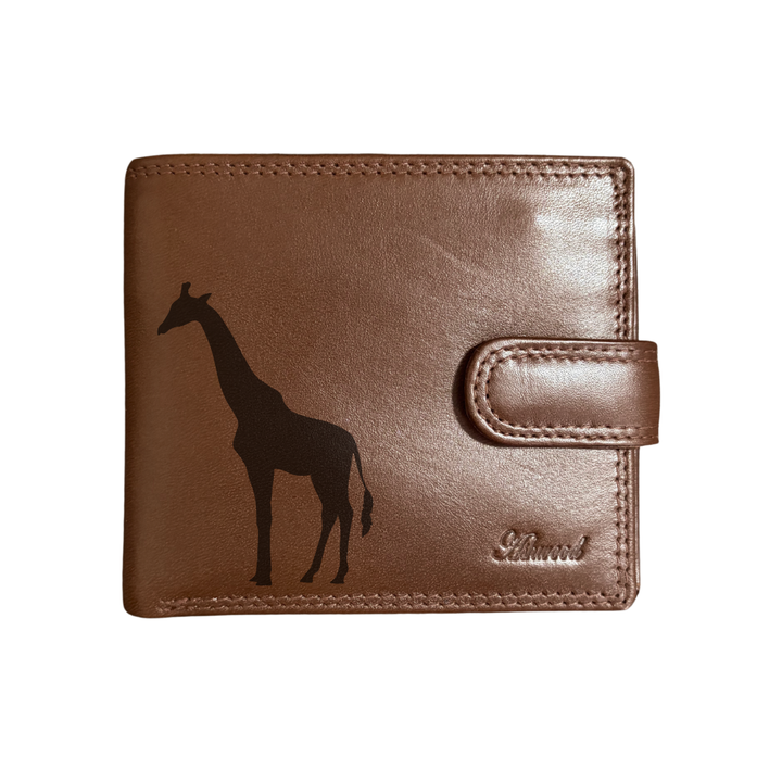 Personalised Giraffe Silhouette Engraved Dark Tan Genuine Leather Wallet