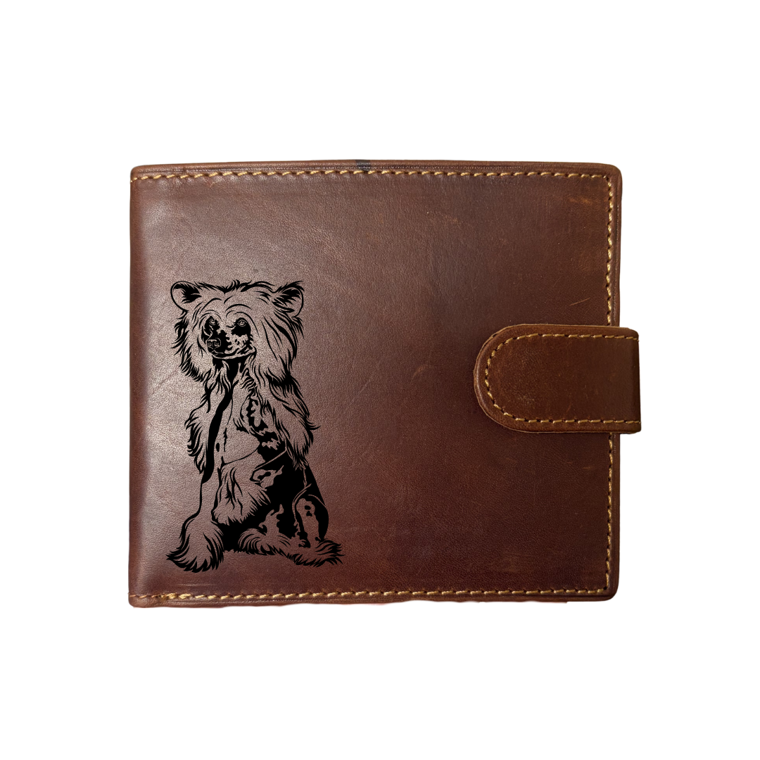 Personalised Chinese Crested Dog Engraved Dark Tan Genuine Leather Wallet