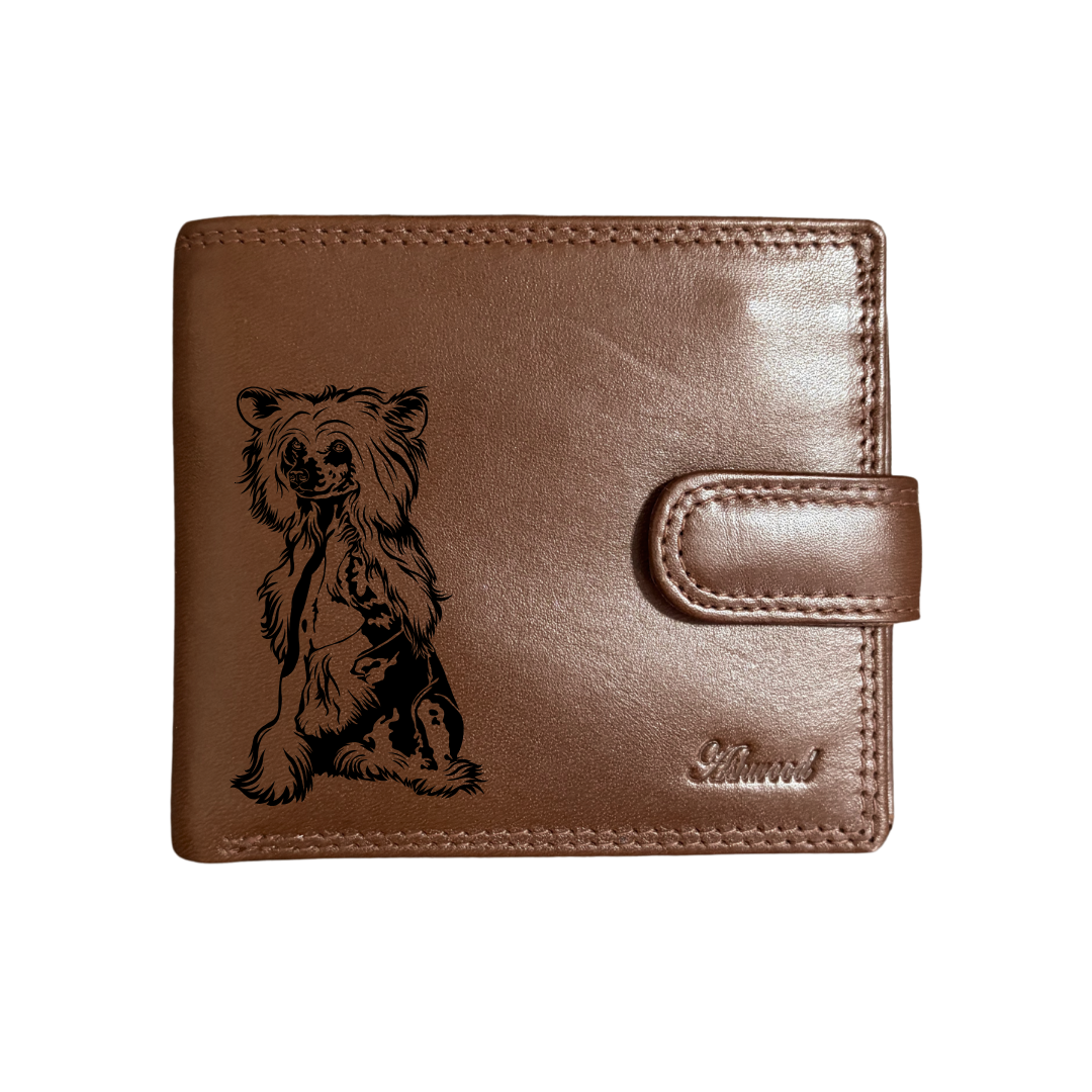 Personalised Chinese Crested Dog Engraved Dark Tan Genuine Leather Wallet