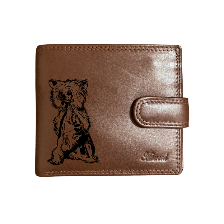 Personalised Chinese Crested Dog Engraved Dark Tan Genuine Leather Wallet