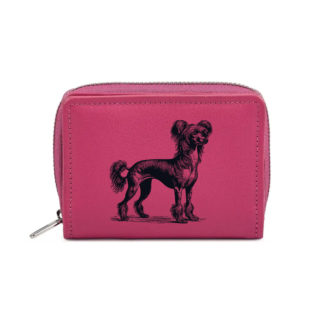 Chinese Crested Dog Standing Engraved Small Leather Purse (Green/Pink/Blue/Red)