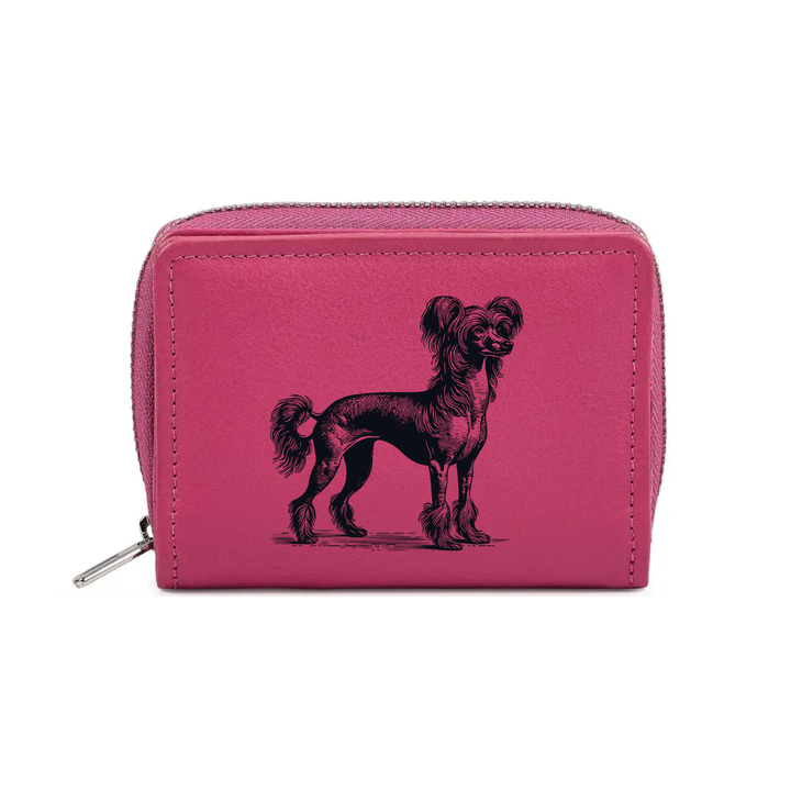 Chinese Crested Dog Standing Engraved Small Leather Purse (Green/Pink/Blue/Red)