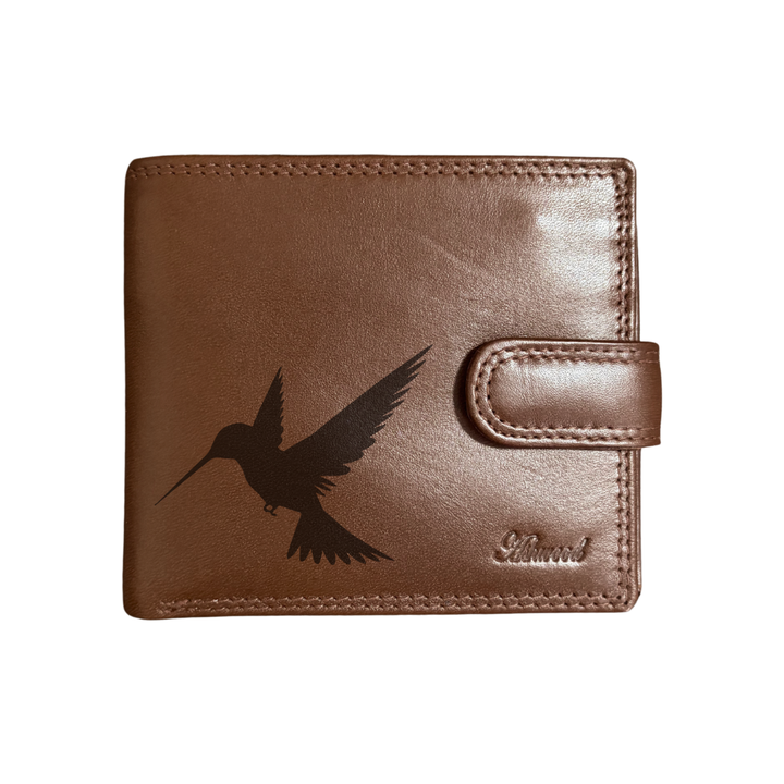 Personalised Hummingbird Silhouette Engraved Dark Tan Genuine Leather Wallet