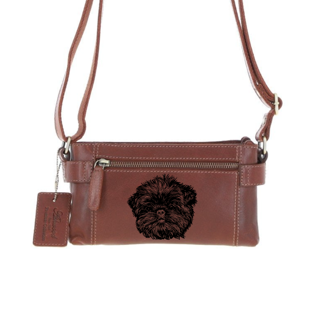 Personalised Affenpinscher Face Engraved Small Leather Two Section Zip Top Crossbody Bag