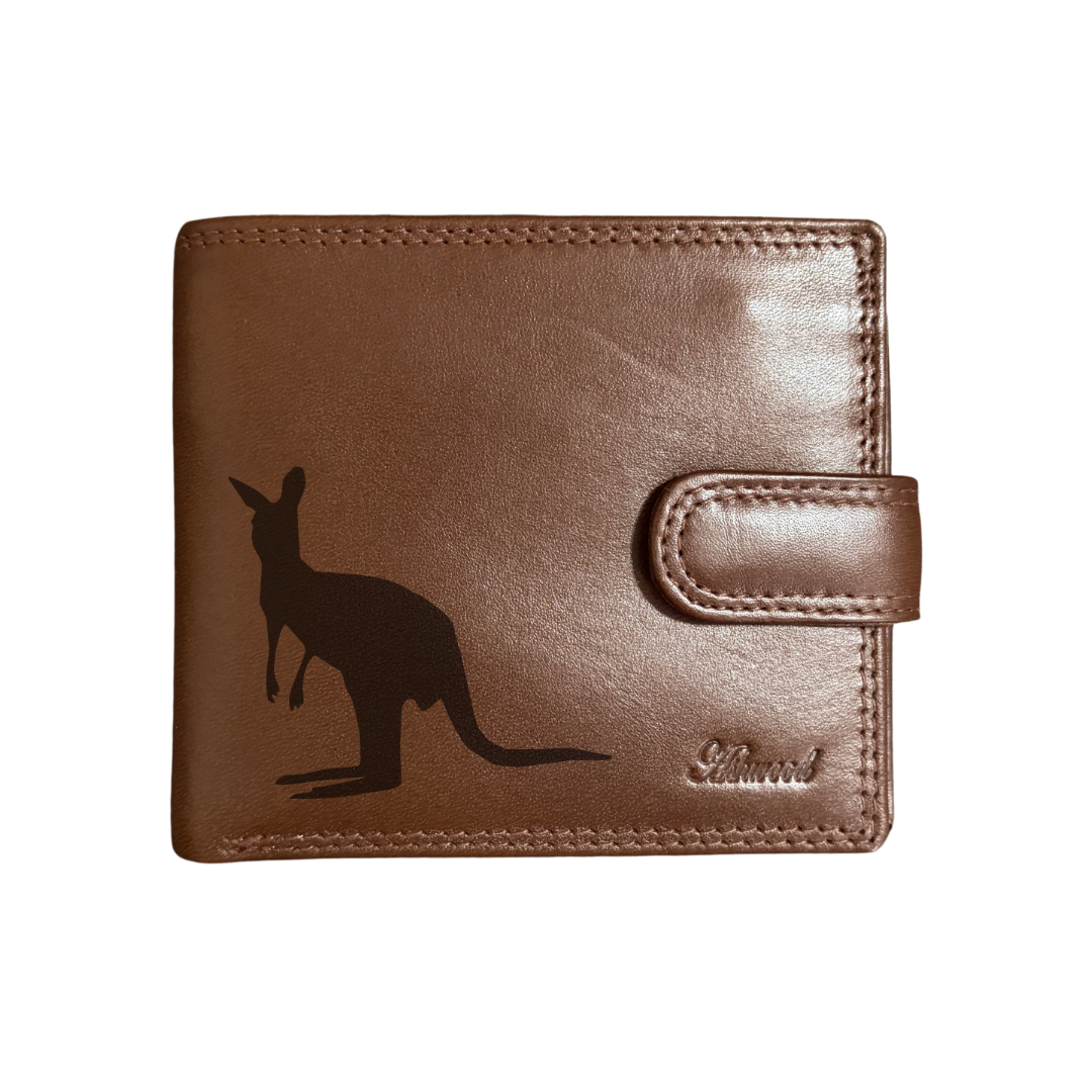 Personalised Kangaroo Silhouette Engraved Dark Tan Genuine Leather Wallet