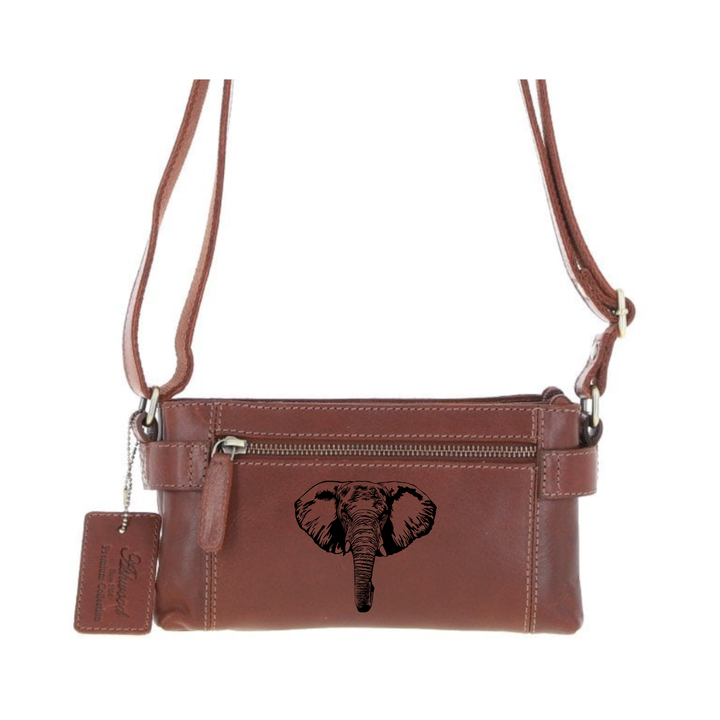 Personalised Elephant Engraved Small Leather Two Section Zip Top Crossbody Bag