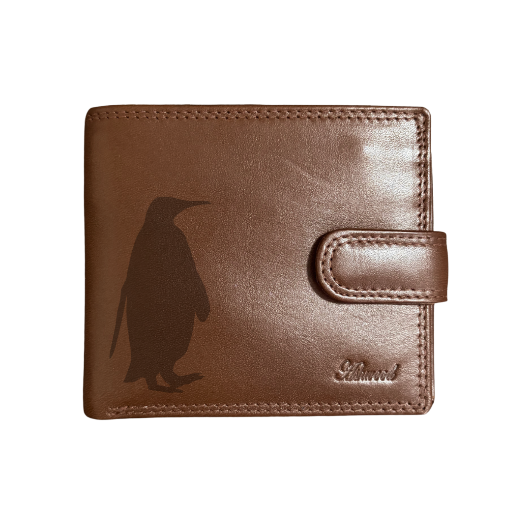 Personalised Penguin Silhouette Engraved Dark Tan Genuine Leather Wallet
