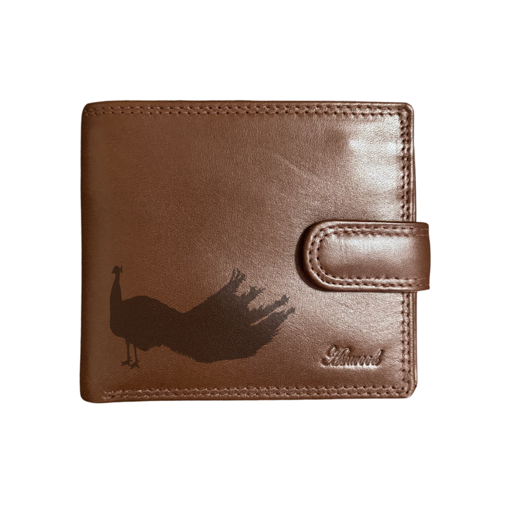 Personalised Peacock Silhouette Engraved Dark Tan Genuine Leather Wallet