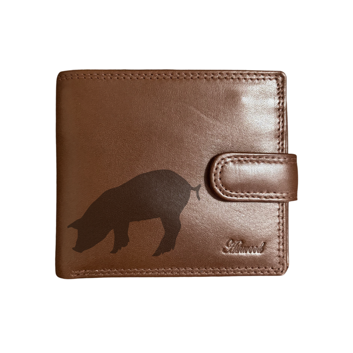 Personalised Pig Silhouette Engraved Dark Tan Genuine Leather Wallet