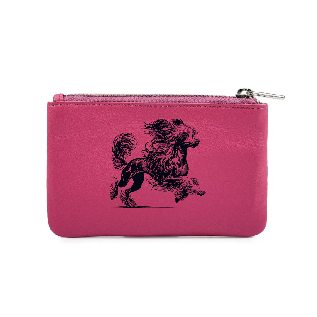 Chinese Crested Dog Running Engraved Genuine Leather Coin Purse (Multiple Colour Options)
