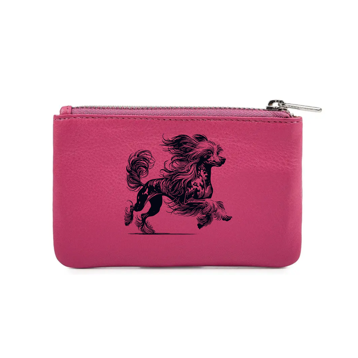 Chinese Crested Dog Running Engraved Genuine Leather Coin Purse (Multiple Colour Options)