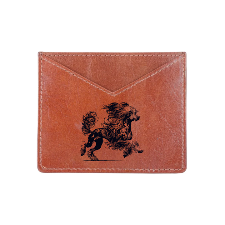 Chinese Crested Dog Running Engraved Genuine Leather Cardholder