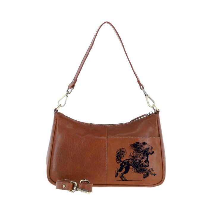 Chinese Crested Dog Running Engraved Genuine Leather Shoulder Bag
