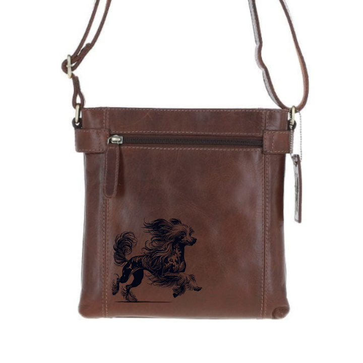 Chinese Crested Dog Running Engraved Leather Two Section Zip Top Crossbody Bag