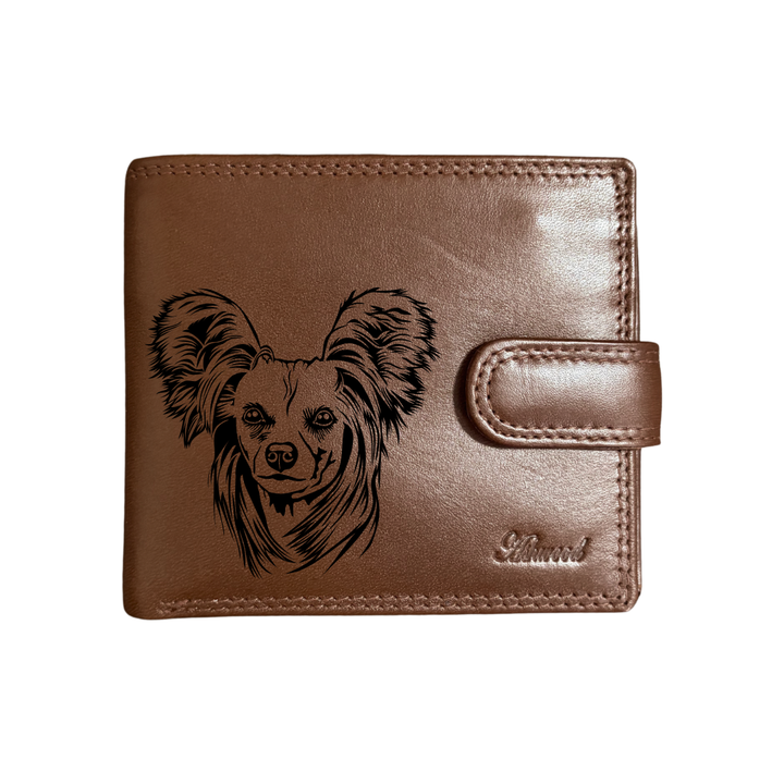 Personalised Chinese Crested Dog Face Engraved Dark Tan Genuine Leather Wallet